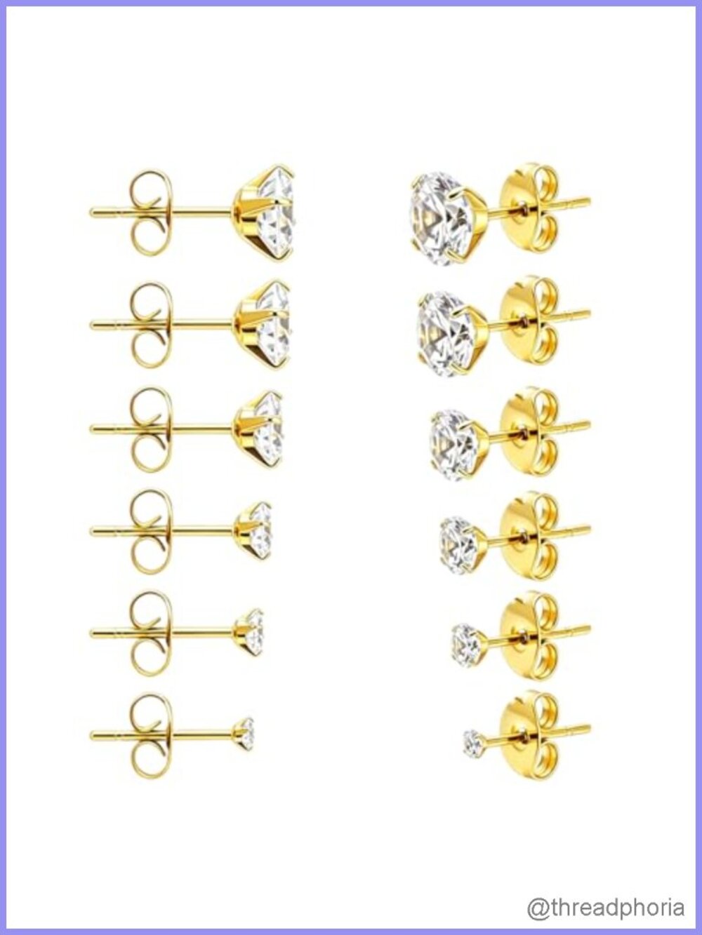 14K Gold Plated Stainless Steel Stud Earrings Set Cubic Zirconia 6 Pairs